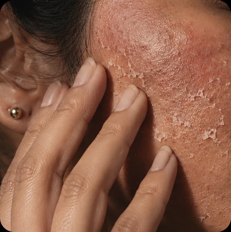 A hand resting against a cheek with dry, visibly flaking patches