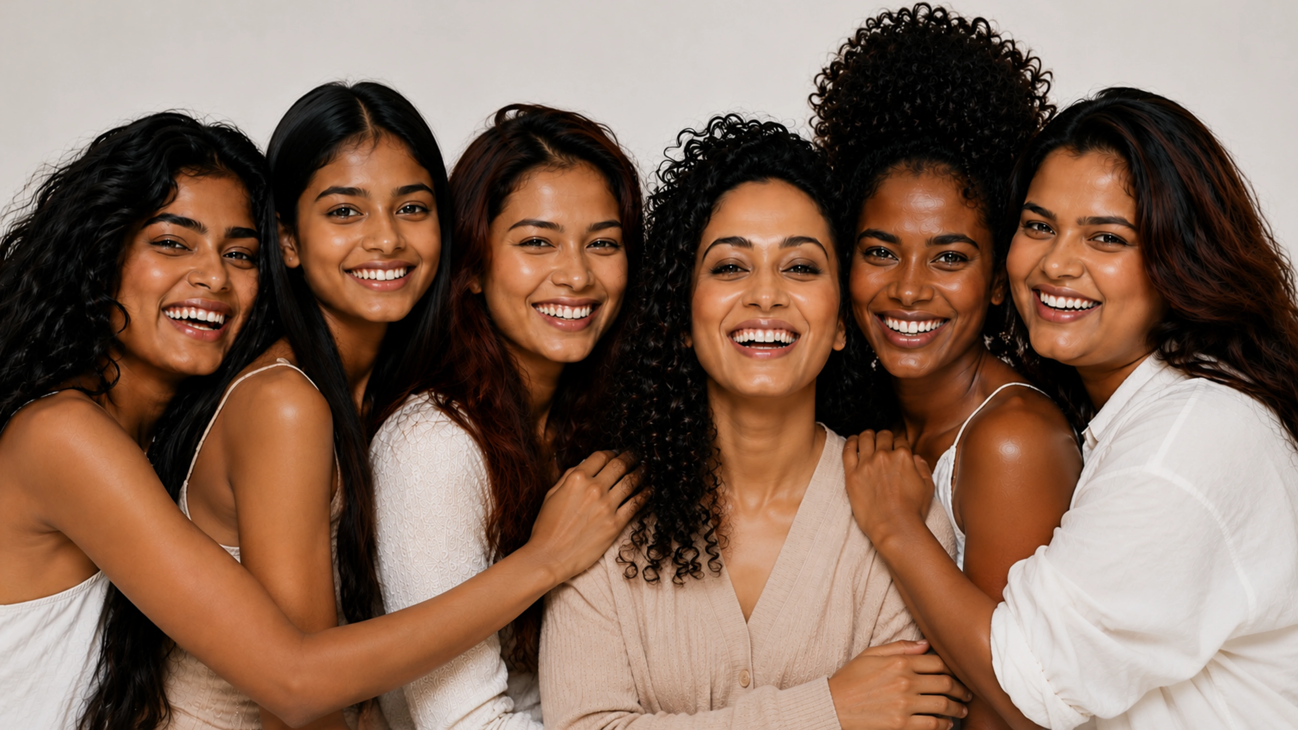 A group of smiling women with their arms around each other, against an off white backdrop